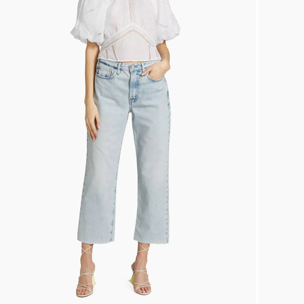 FRAME Le Jane Crop High Rise Straight Luster Light Blue Denim Jeans Size 32 NEW